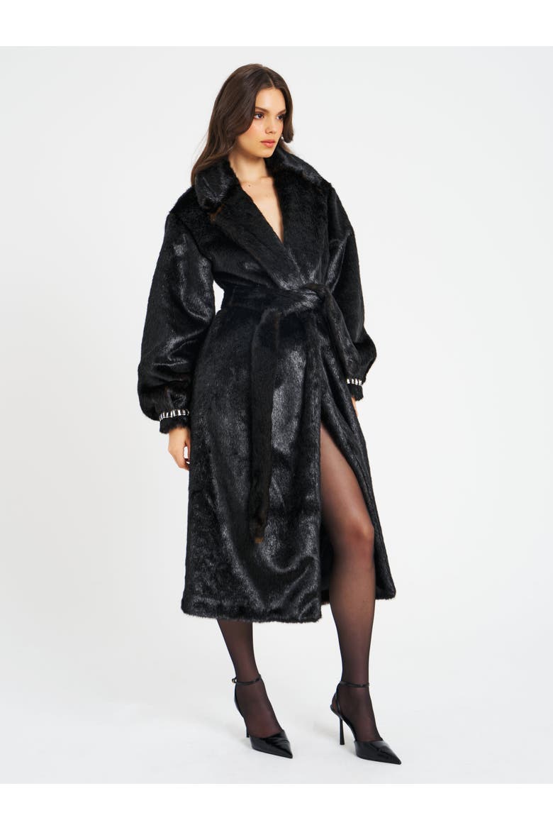 Yahia Vegan Longline Coat with Faux Mink, Alternate, color, Black