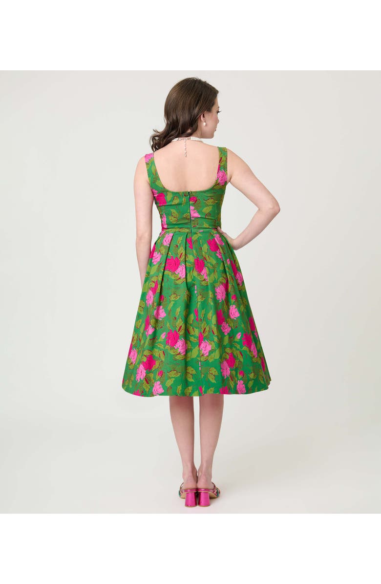 Unique Vintage Square Neck Pleated Swing Dress, Alternate, color, Green W/Pink Floral