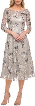 La Femme Tea Length Lace and Sequin Embellished Dress