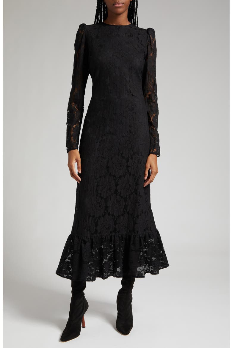 Long Sleeve Cotton Blend Lace Dress, Main, color, BLACK