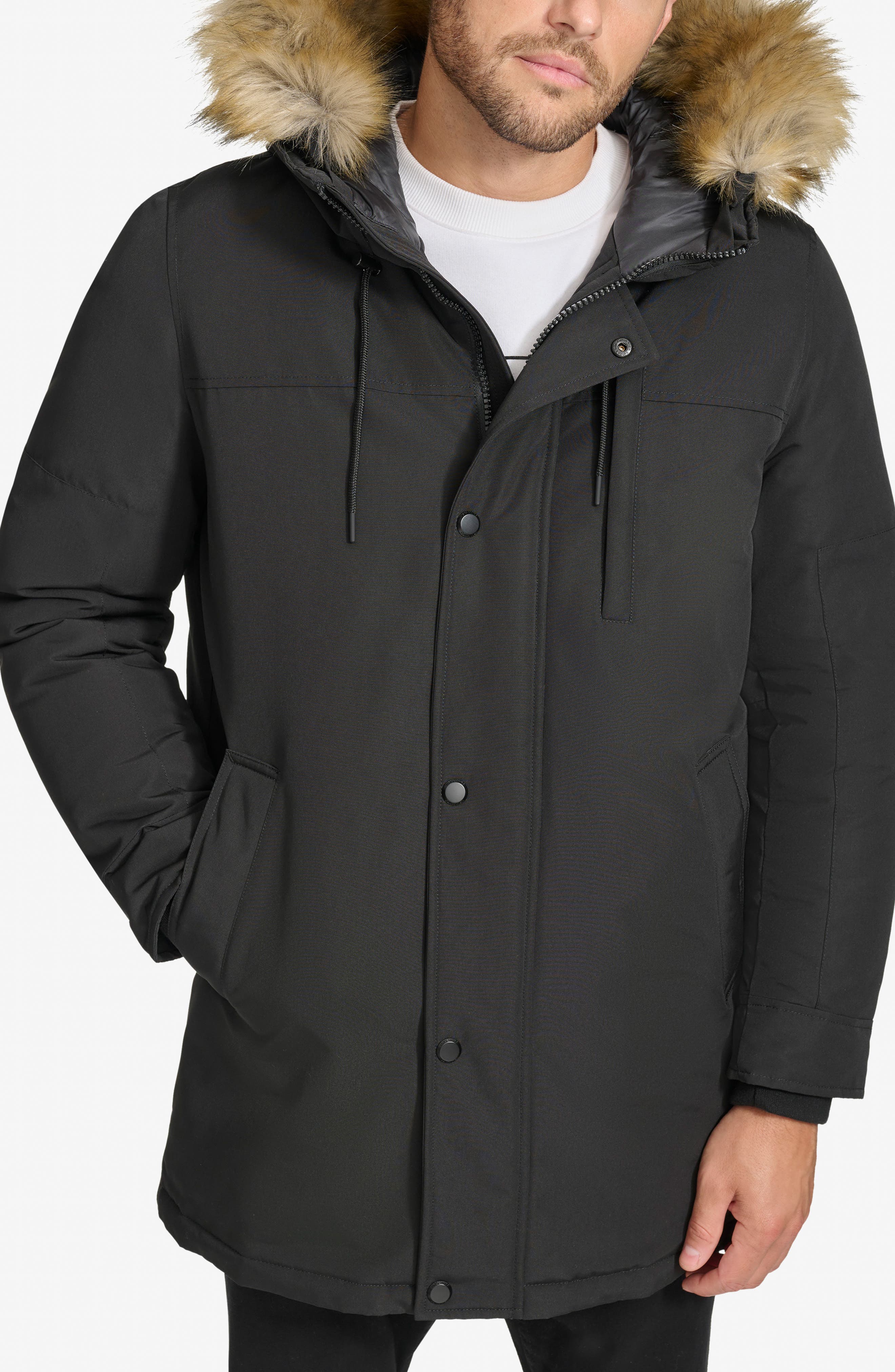 Calvin Klein Arctic Faille Water Resistant Parka with Removable Faux Fur Trim