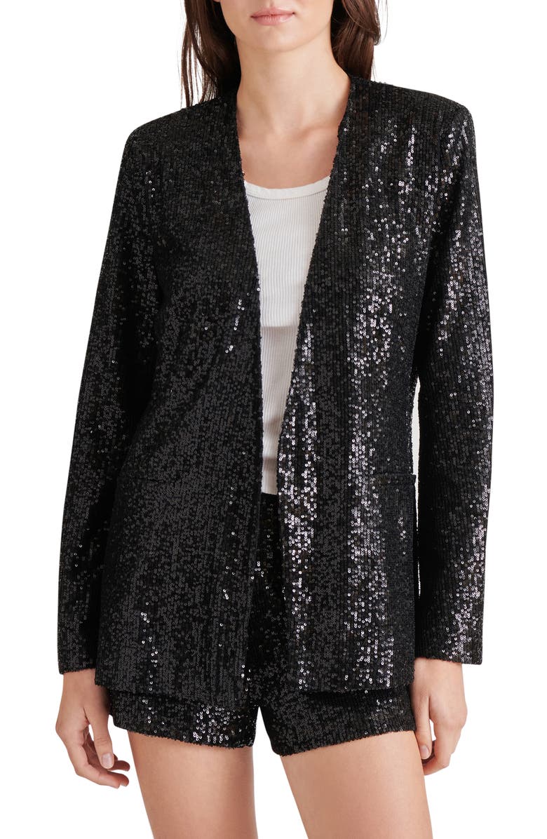 Steve Madden Collarless Sequin Blazer, Main, color, Black