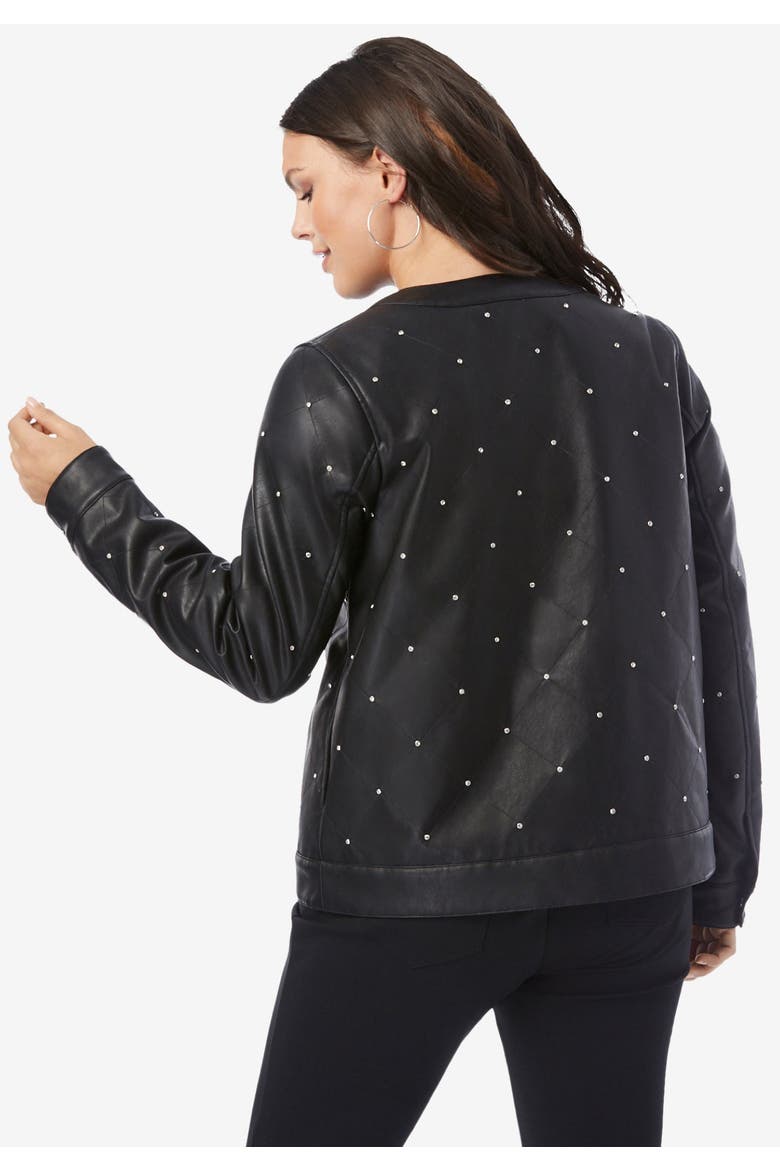 Plus Size Studded Faux Leather Bomber, Alternate, color, BLACK
