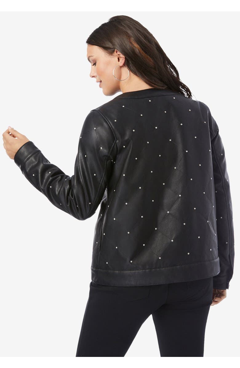 Roaman's Plus Size Studded Faux Leather Bomber, Alternate, color, Black