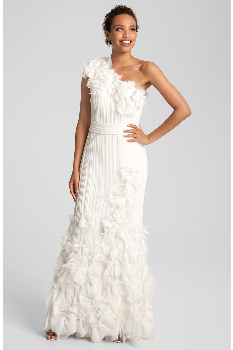 Rosette Appliqué One Shoulder Chiffon Gown, Main, color, IVORY