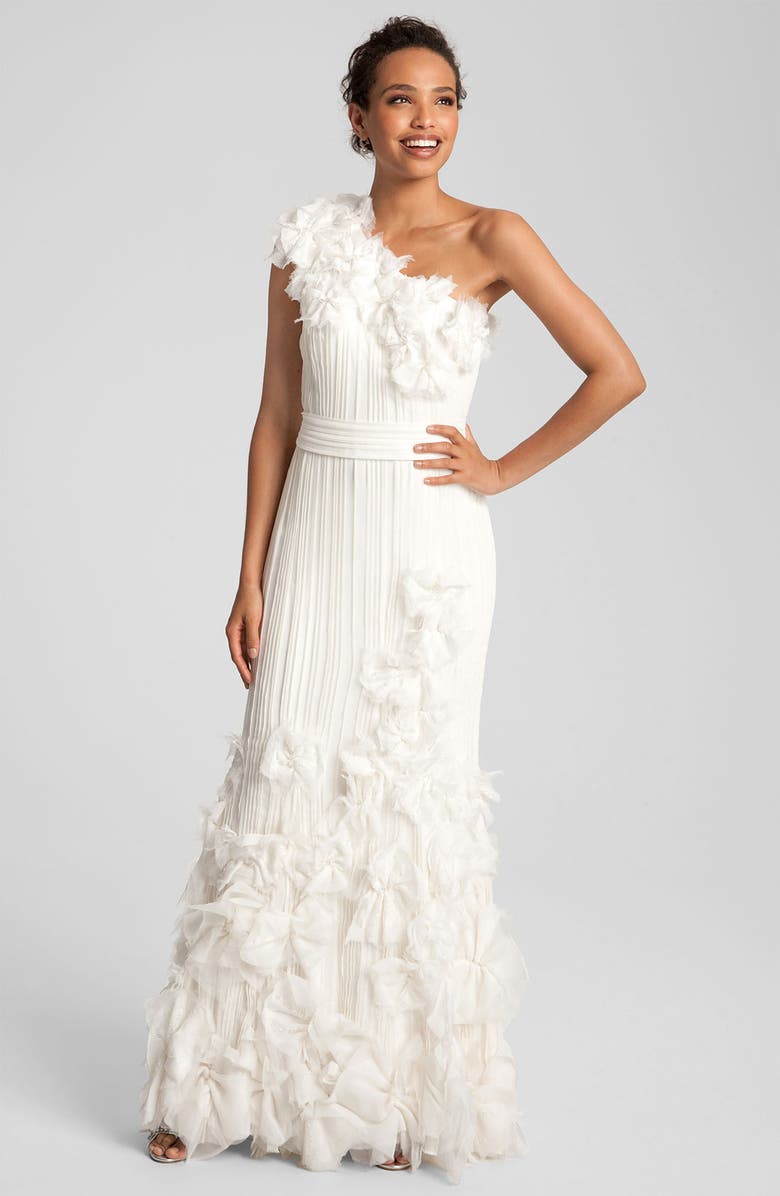 Tadashi Shoji Rosette Appliqué One Shoulder Chiffon Gown, Main, color,