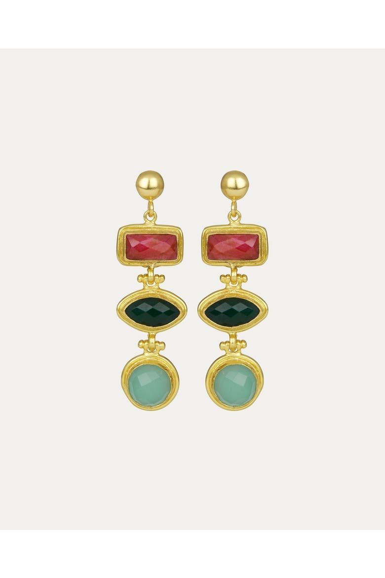 Innana Ruby, Emerald And Aqua Chalcedony Drop Earrings, Main, color, Gold