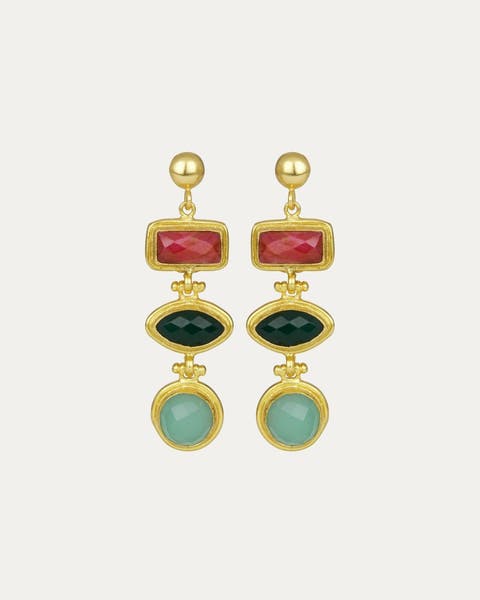 Innana Ruby, Emerald And Aqua Chalcedony Drop Earrings