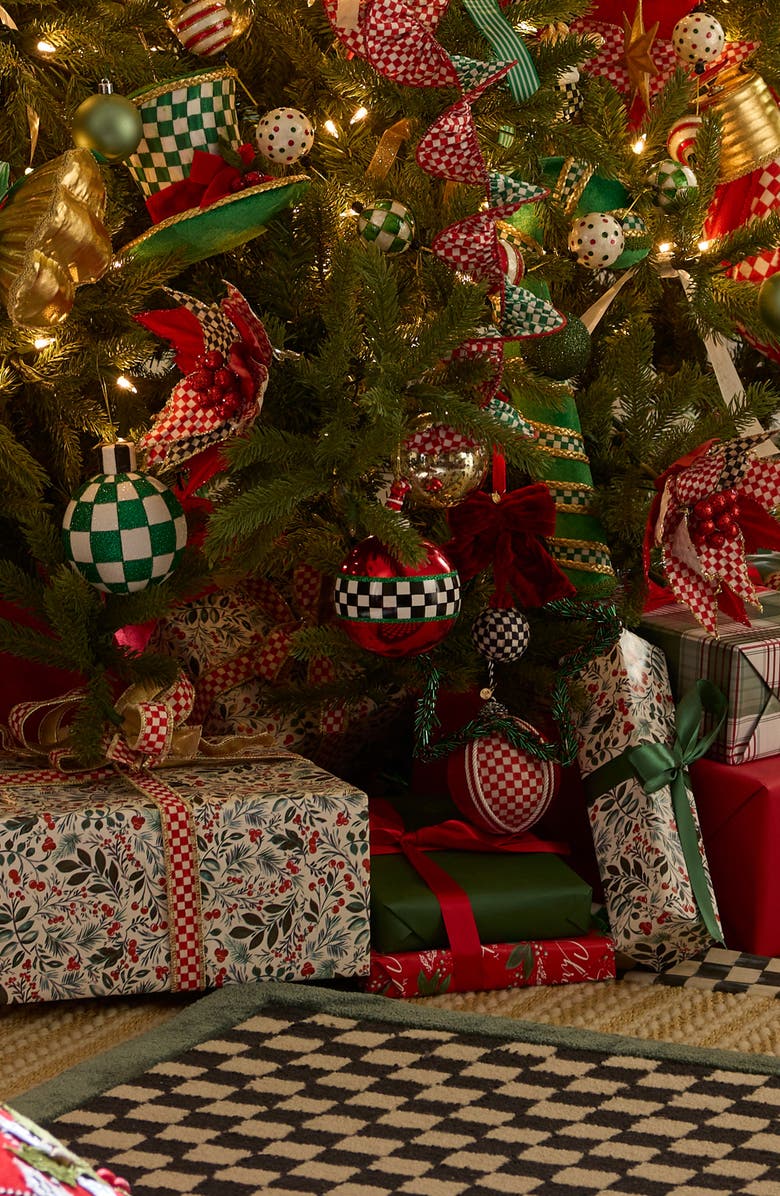 MACKENZIE CHILDS Set of 4 Check It Out Santa Glass Ball Ornaments, Alternate, color, Red