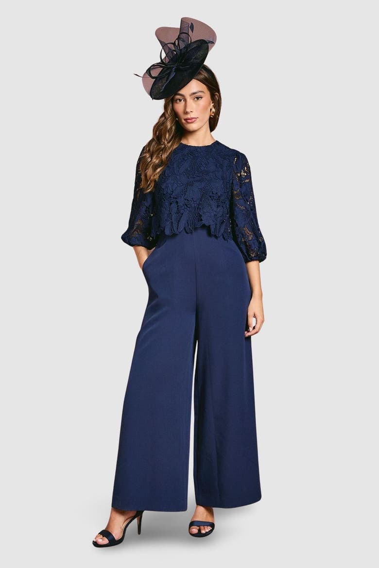 Lace Overlay Wide Leg Jumpsuit, Main, color, Navy
