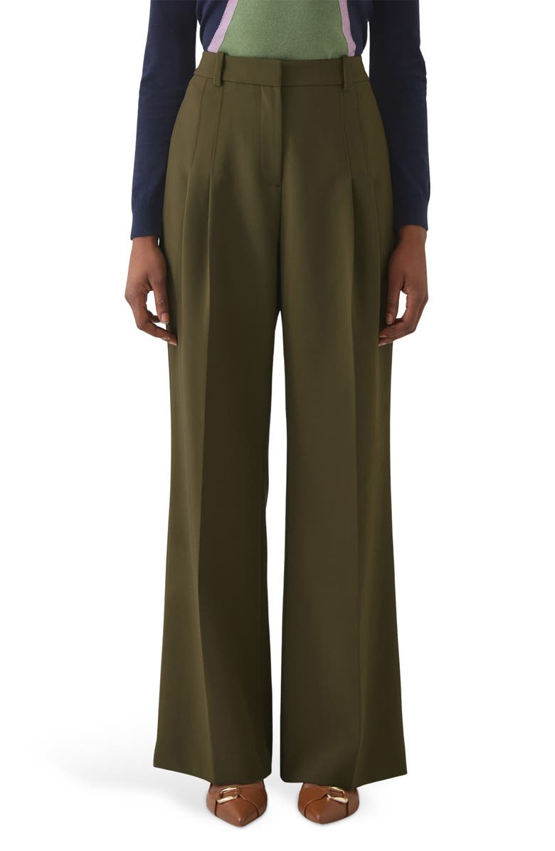 LK Bennett Petra Pleated Wide Leg Pants, Main, color, Dark Khaki