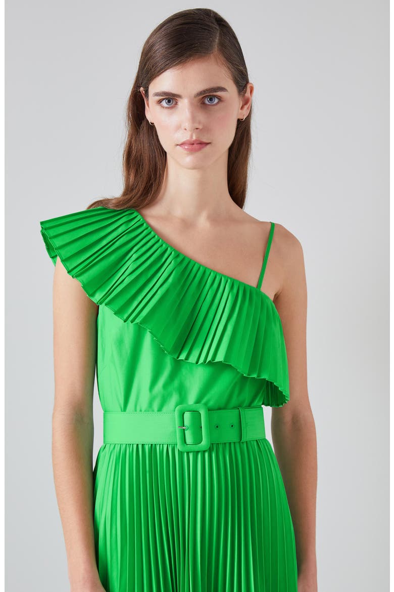 Josephine Pleated Belted One-Shoulder Midi Dress, Alternate, color, GREEN