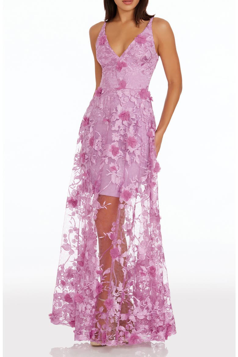 Sidney Deep V-Neck 3D Lace Gown, Main, color, LAVENDER