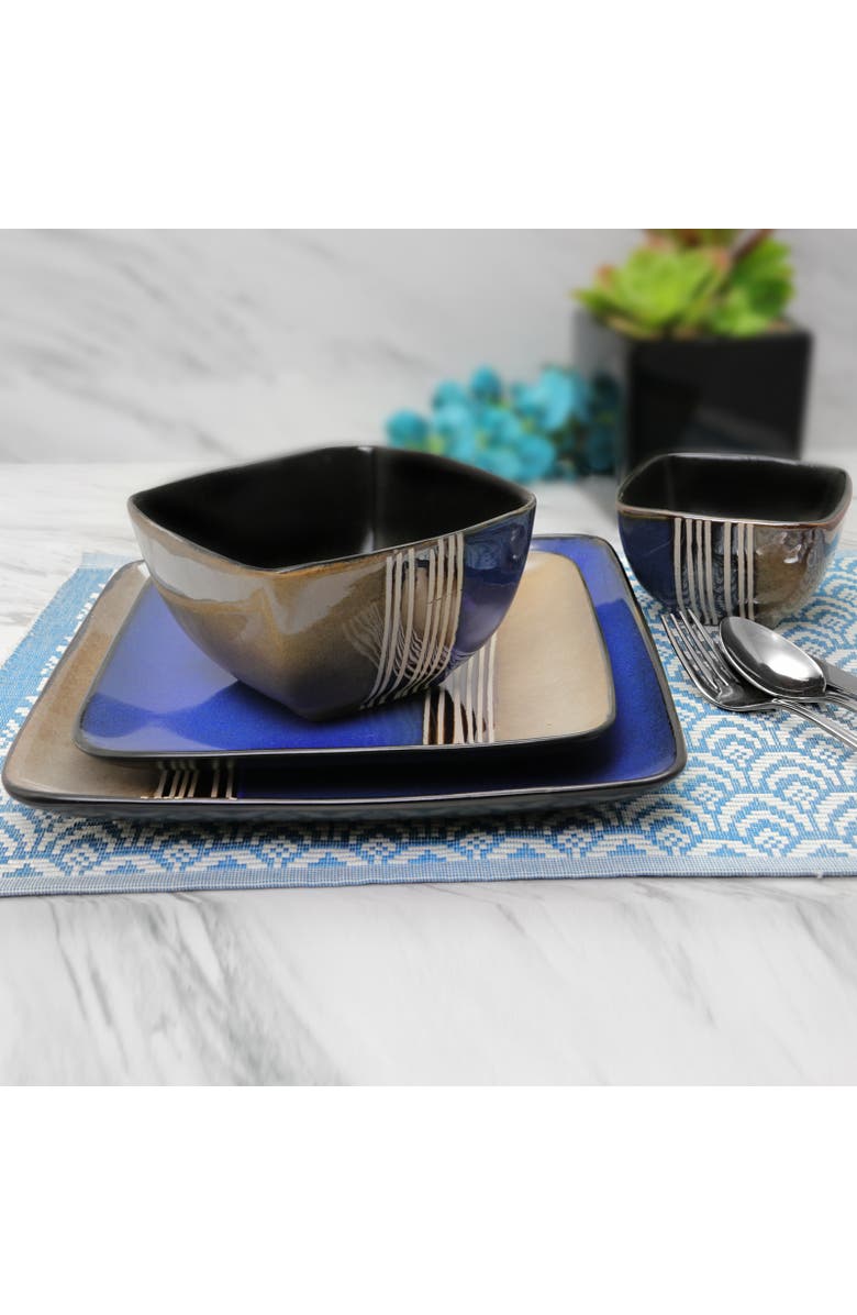 Elama Uptown Loft 16 Piece Double Bowl Stoneware Dinnerware Set with Service for 4, Alternate, color, Blue