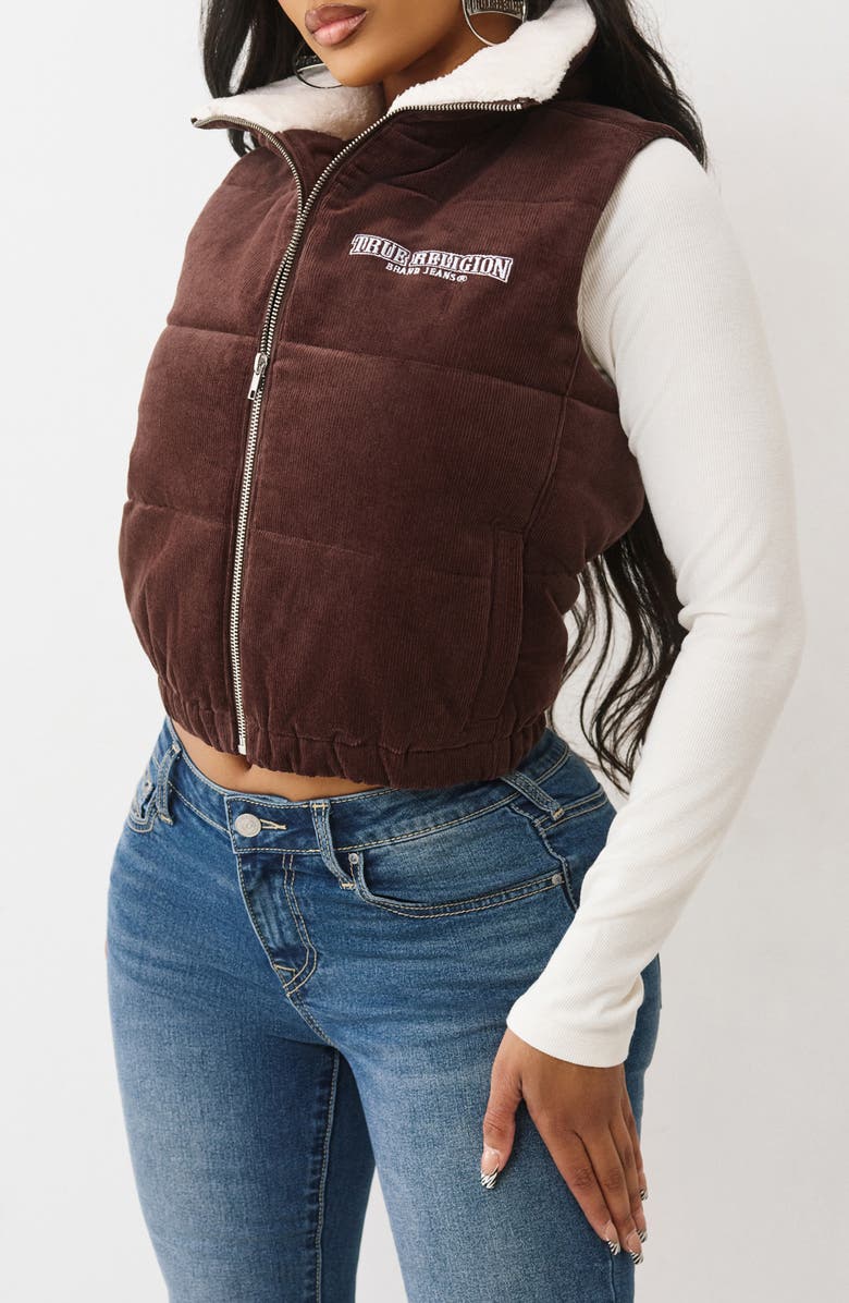 True Religion Corduroy Faux Shearling Lined Quilted Puffer Vest, Alternate, color, Java