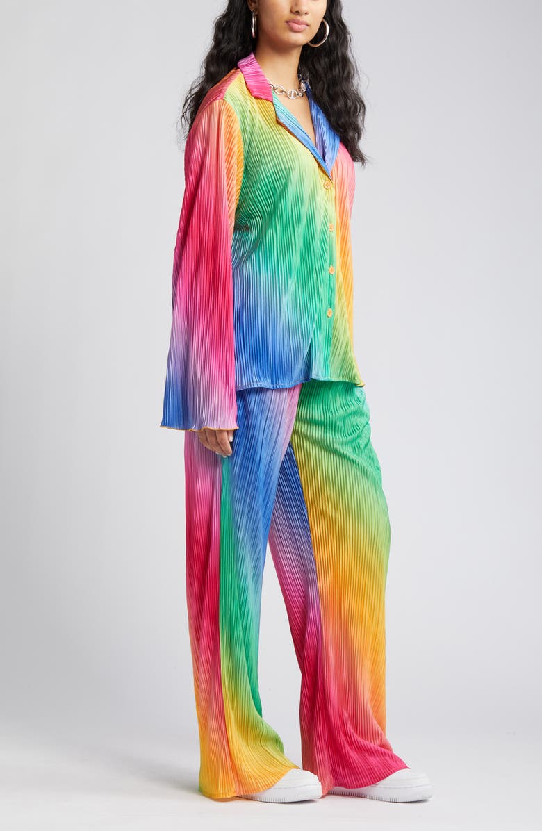 Dressed in Lala Notched Collar Plissé Top & High Waist Pants Set, Alternate, color, 