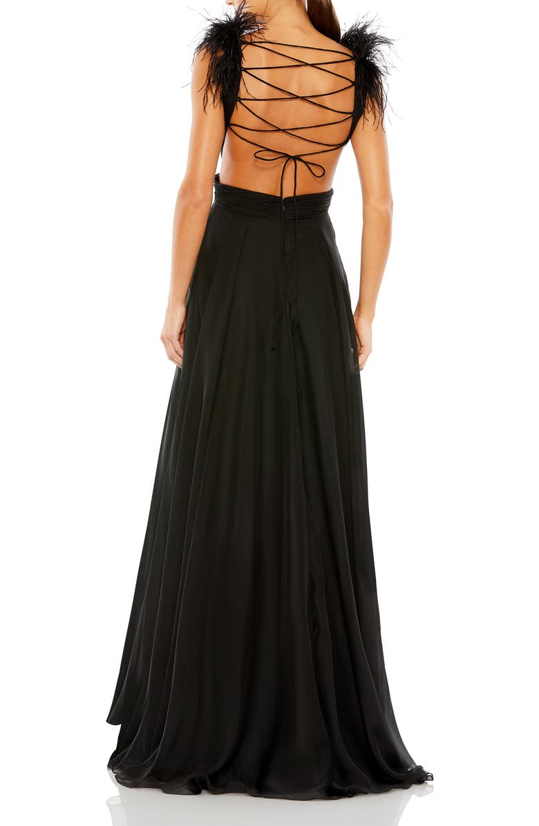 Mac Duggal Feather-Trim Plunge A-Line Gown, Alternate, color, Black