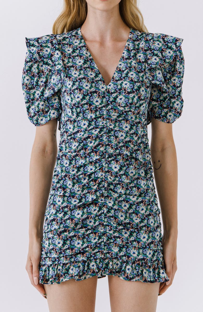 Endless Rose Floral Shirred Minidress, Alternate, color, Navy Multi