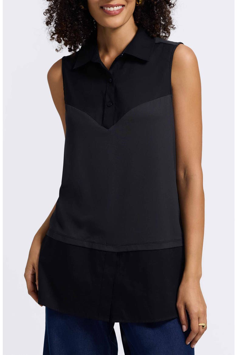 Sasha Mixed Media Sleeveless Layered Shirt, Main, color, BLACK