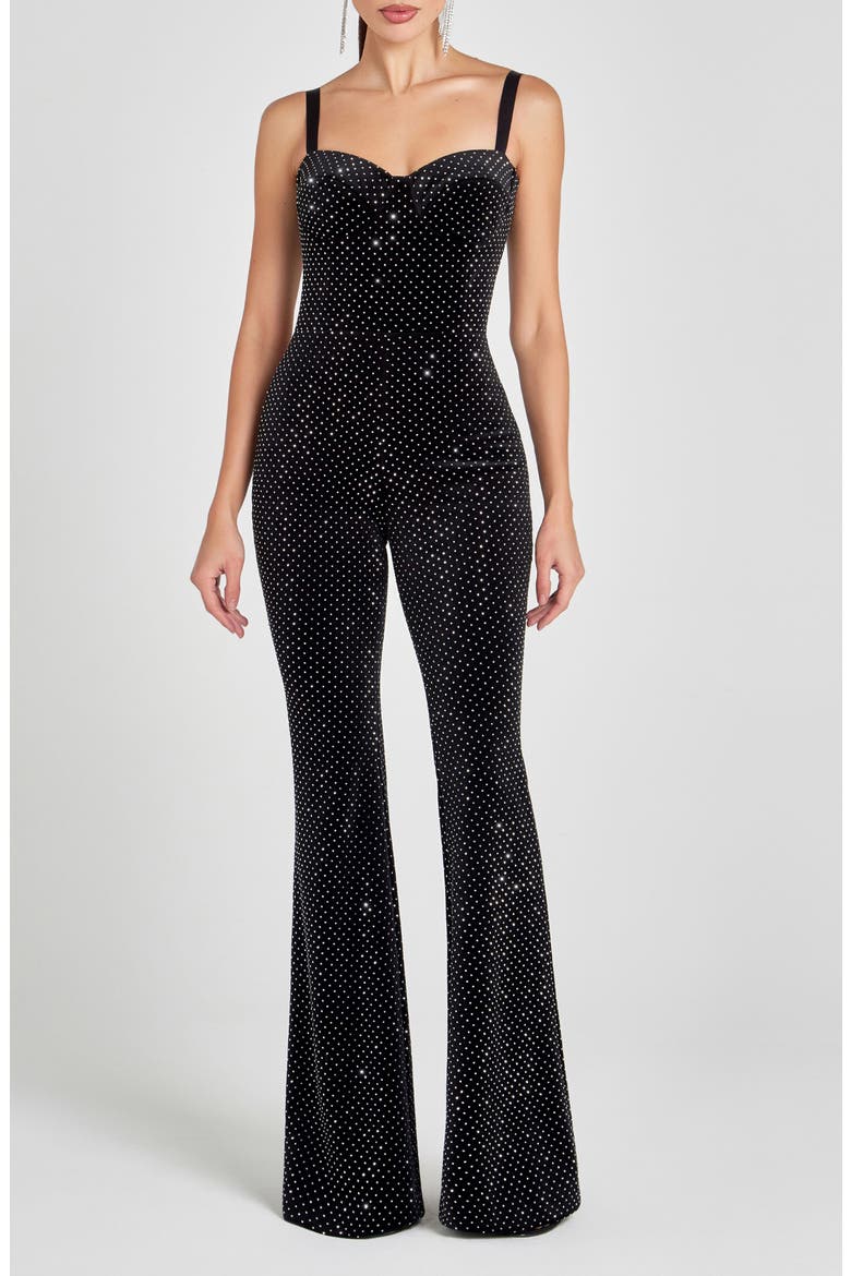 Roxanne Crystal Velvet Flare Leg Jumpsuit, Main, color, BLACK