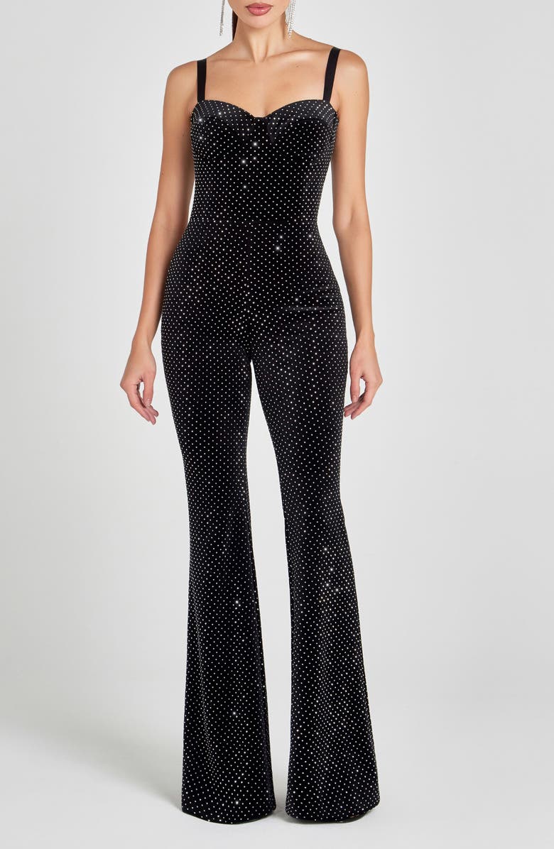 NADINE MERABI Roxanne Crystal Velvet Flare Leg Jumpsuit, Main, color, Black