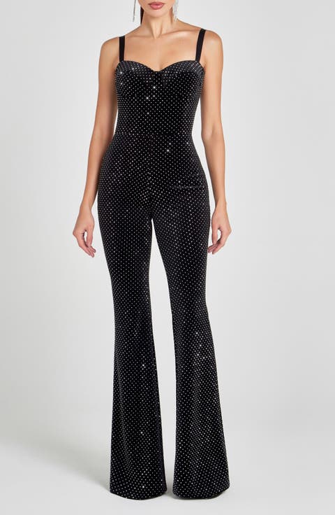 Roxanne Crystal Velvet Flare Leg Jumpsuit