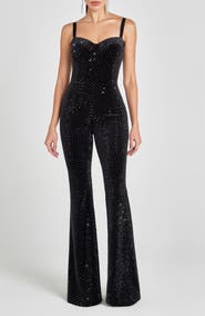NADINE MERABI Roxanne Crystal Velvet Flare Leg Jumpsuit