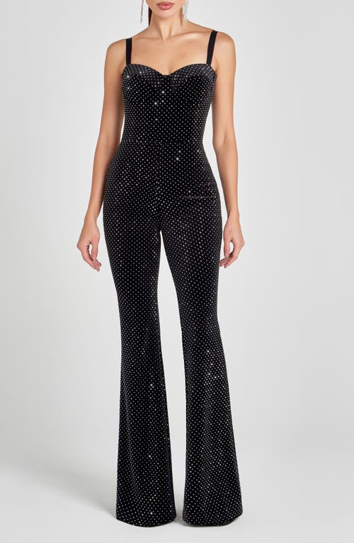 Nadine Merabi Roxanne Crystal Velvet Flare Leg Jumpsuit In Black