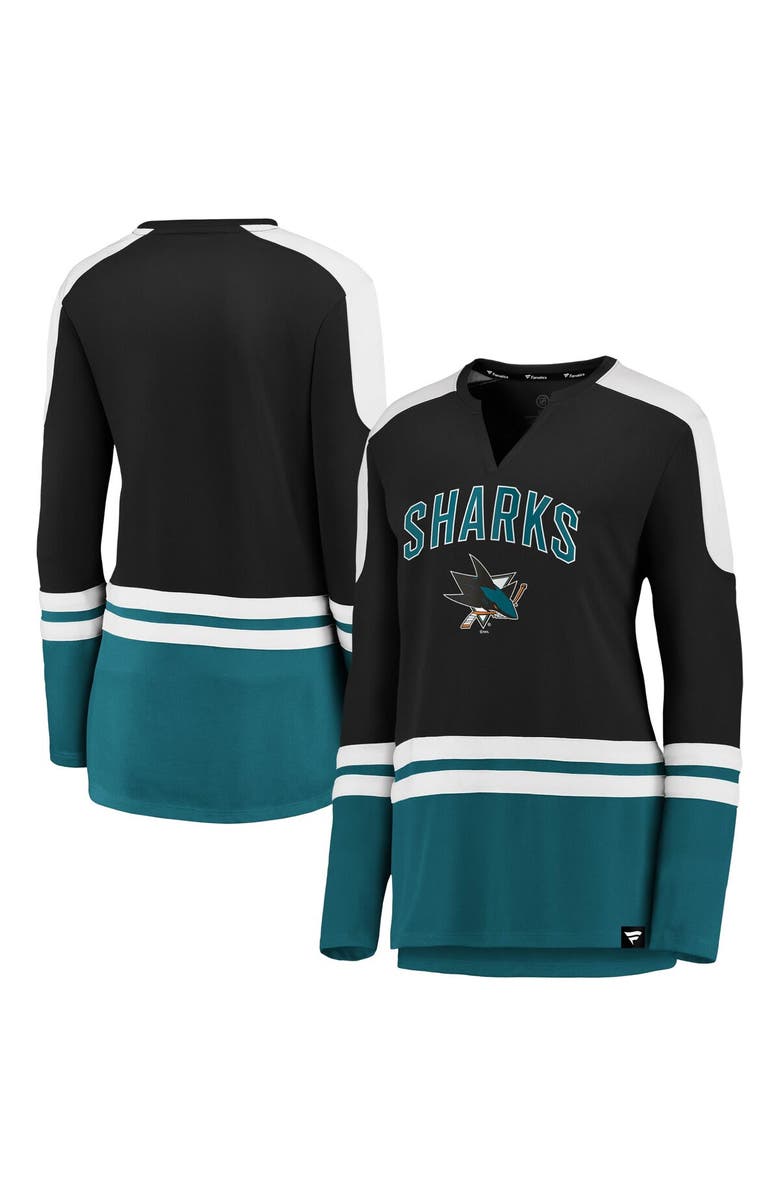 FANATICS Women's Fanatics Branded Black/Teal San Jose Sharks Iconic Slapshot Long Sleeve Notch Neck T-Shirt, Main, color, 