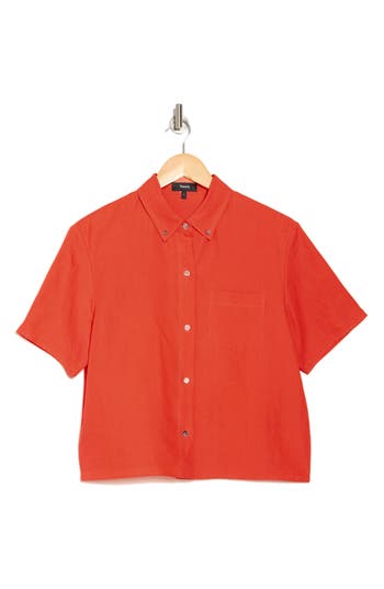 Theory Boxy Short Sleeve Linen Button-down Shirt In Bright Coral