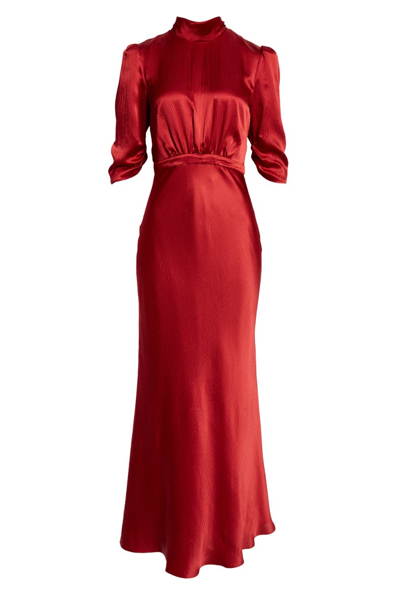 Adele Mock Neck Silk Dress, Alternate, color, GARNET RED