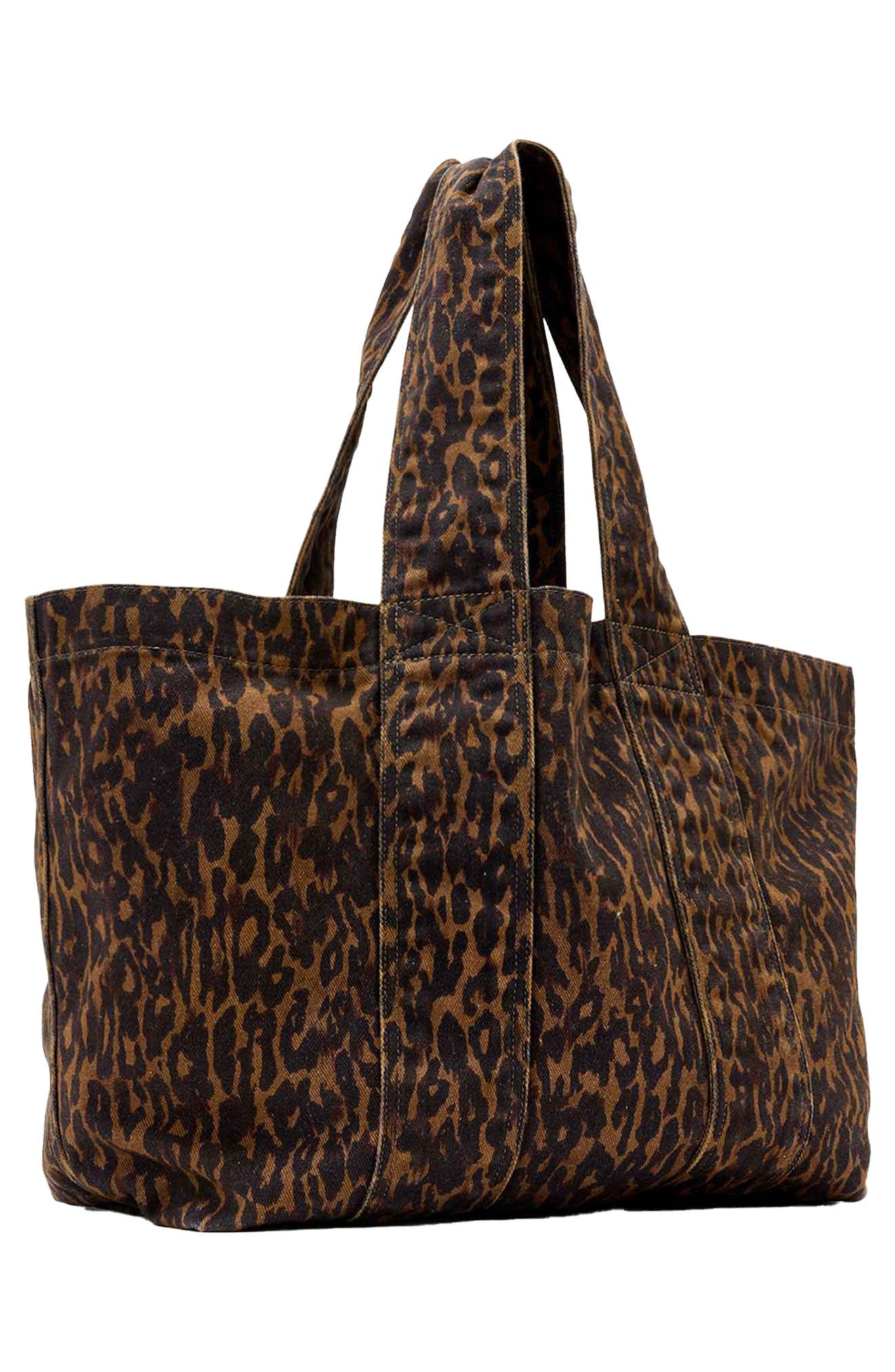 AllSaints Izzy Leopard Print Denim Tote, Alternate, color, Leopard Brown