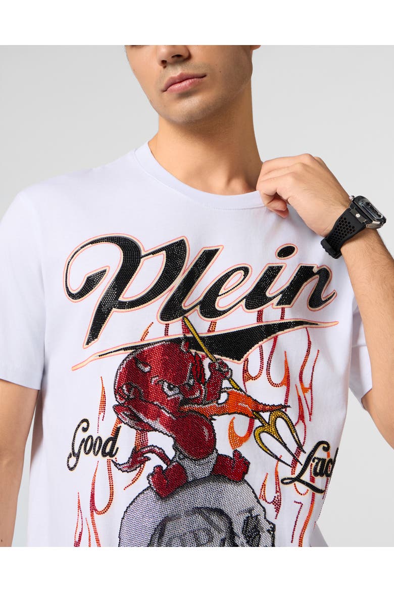 Round Neck T-Shirt Little Devil Crystal Men, Alternate, color, white