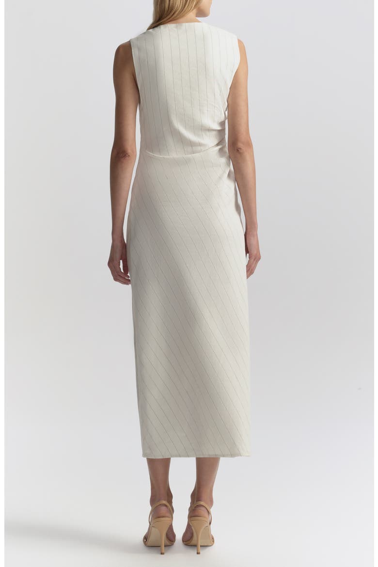Caroline Pinstripe Side Ruched Linen Blend Dress, Alternate, color, PEARL/ BROWN
