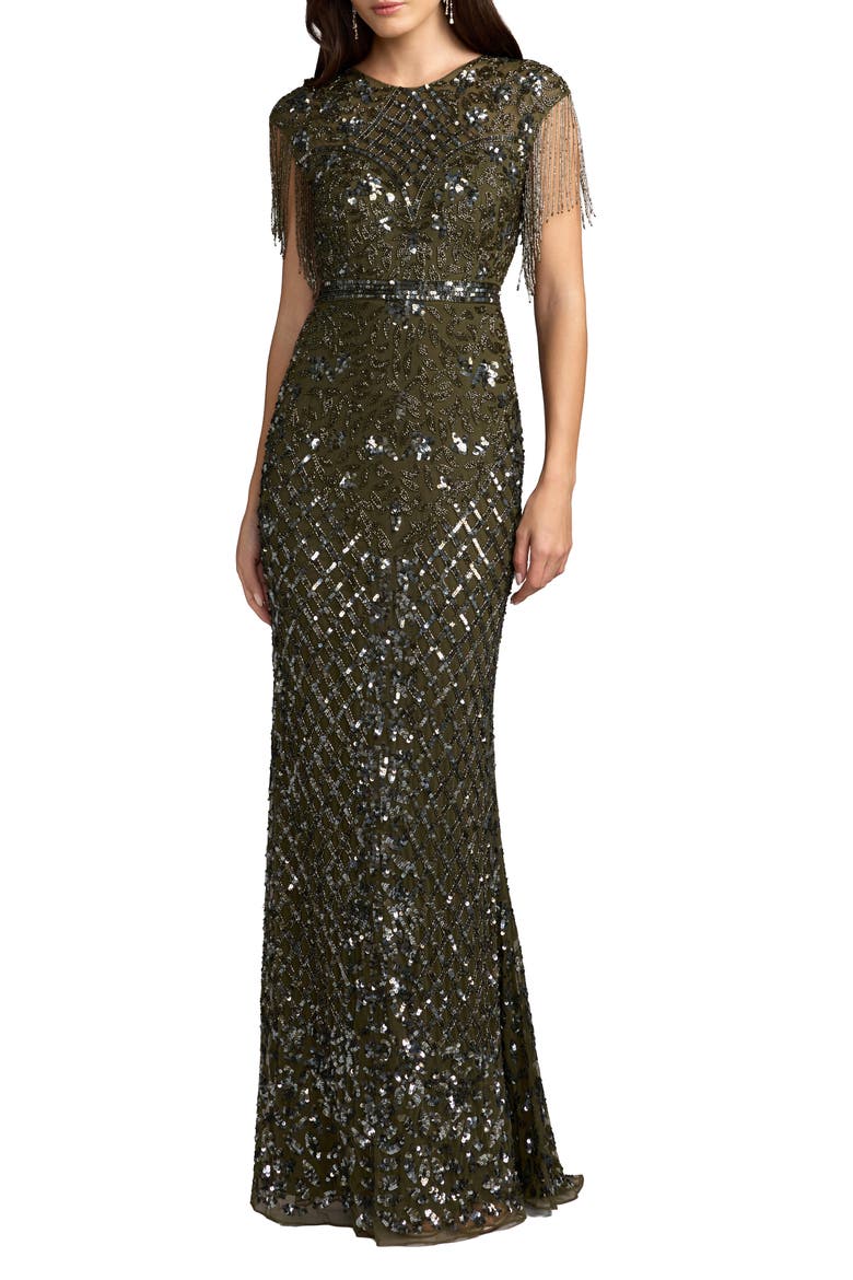Petite Beaded Fringe High-Neck Fitted Evening Gown, Main, color, Olive