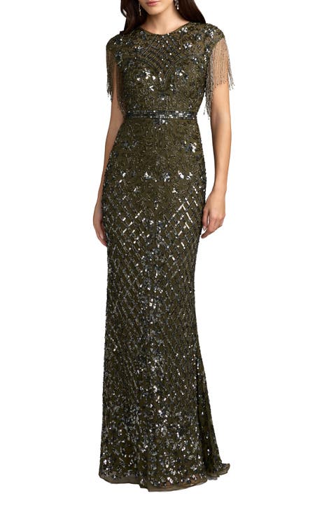 High Neck Sleeveless Beaded Fringe Fitted Gown