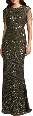 Mac Duggal High Neck Sleeveless Beaded Fringe Fitted Gown