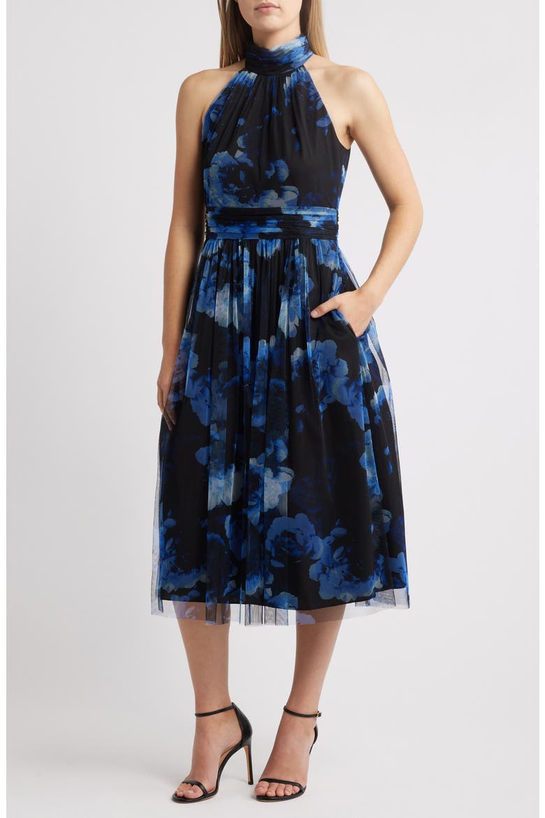 Floral Fit & Flare Ilusion Lace Midi Dress, Main, color, NAVY