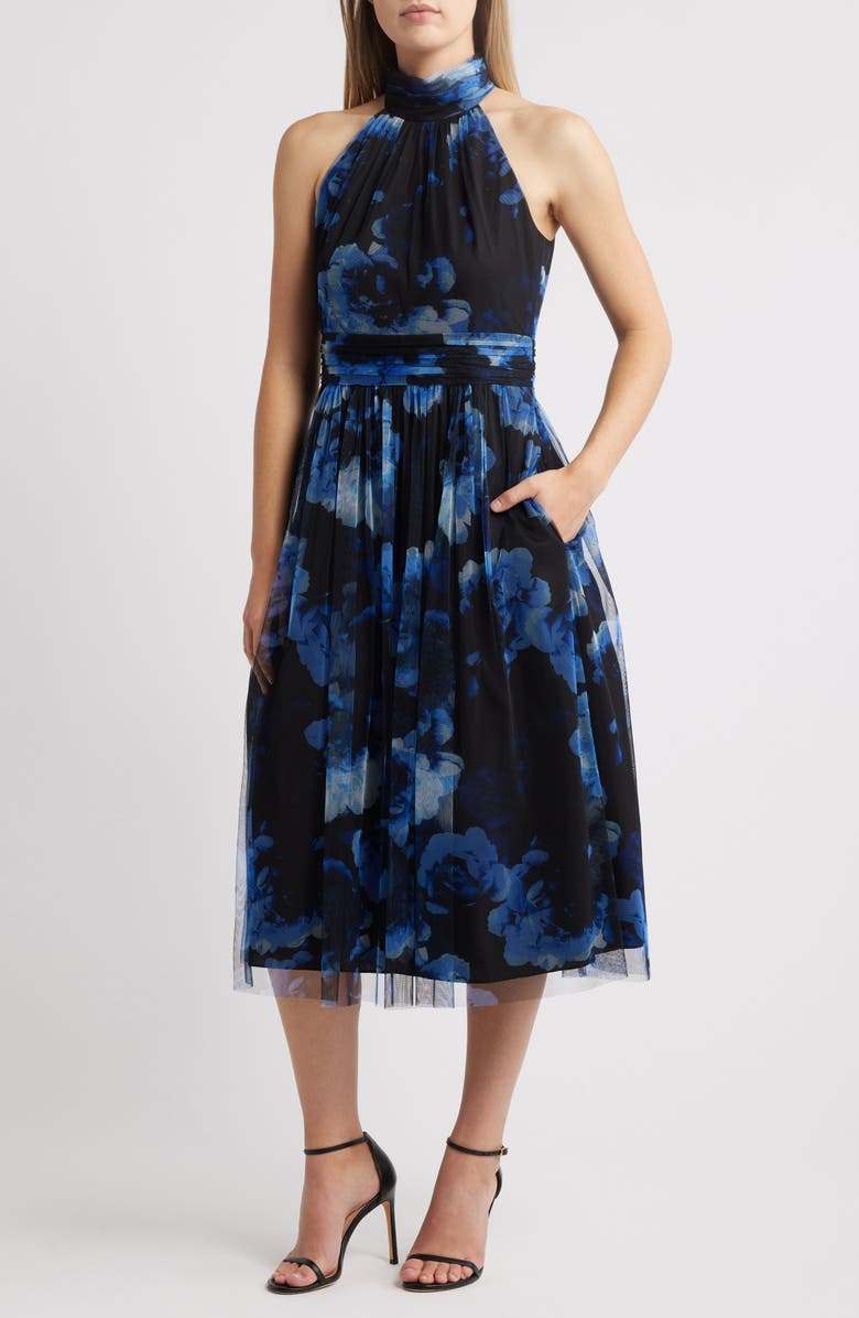Eliza J Floral Fit & Flare Ilusion Lace Midi Dress, Main, color, Navy