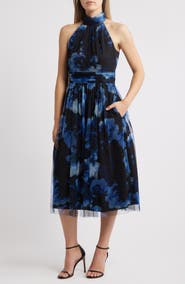 Eliza J Floral Fit & Flare Ilusion Lace Midi Dress