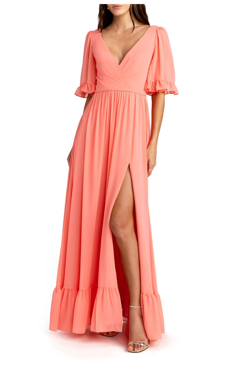 Mac Duggal V-Neck Flutter Sleeve Chiffon Faux Wrap Maxi Gown, Main, color, Coral