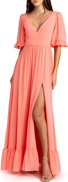 Mac Duggal V-Neck Flutter Sleeve Chiffon Faux Wrap Maxi Gown