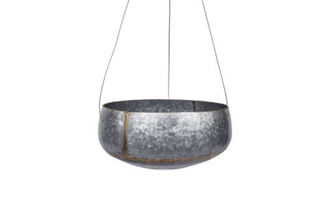 Round Galvanized Metal Hanging Planter, Silver And Gold