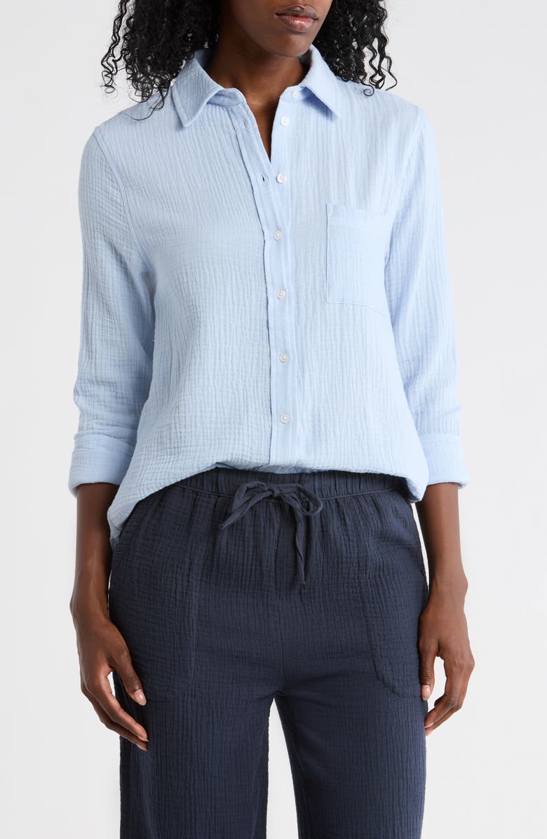 ELIE ELIE TAHARI Long Sleeve Cotton Gauze Button-Up Shirt, Main, color, Light Blue