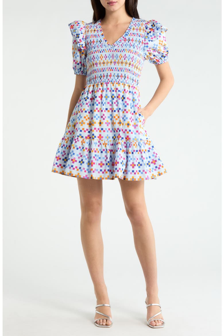 Kessa Geo Smocked Minidress, Main, color, LIGHT BLUE