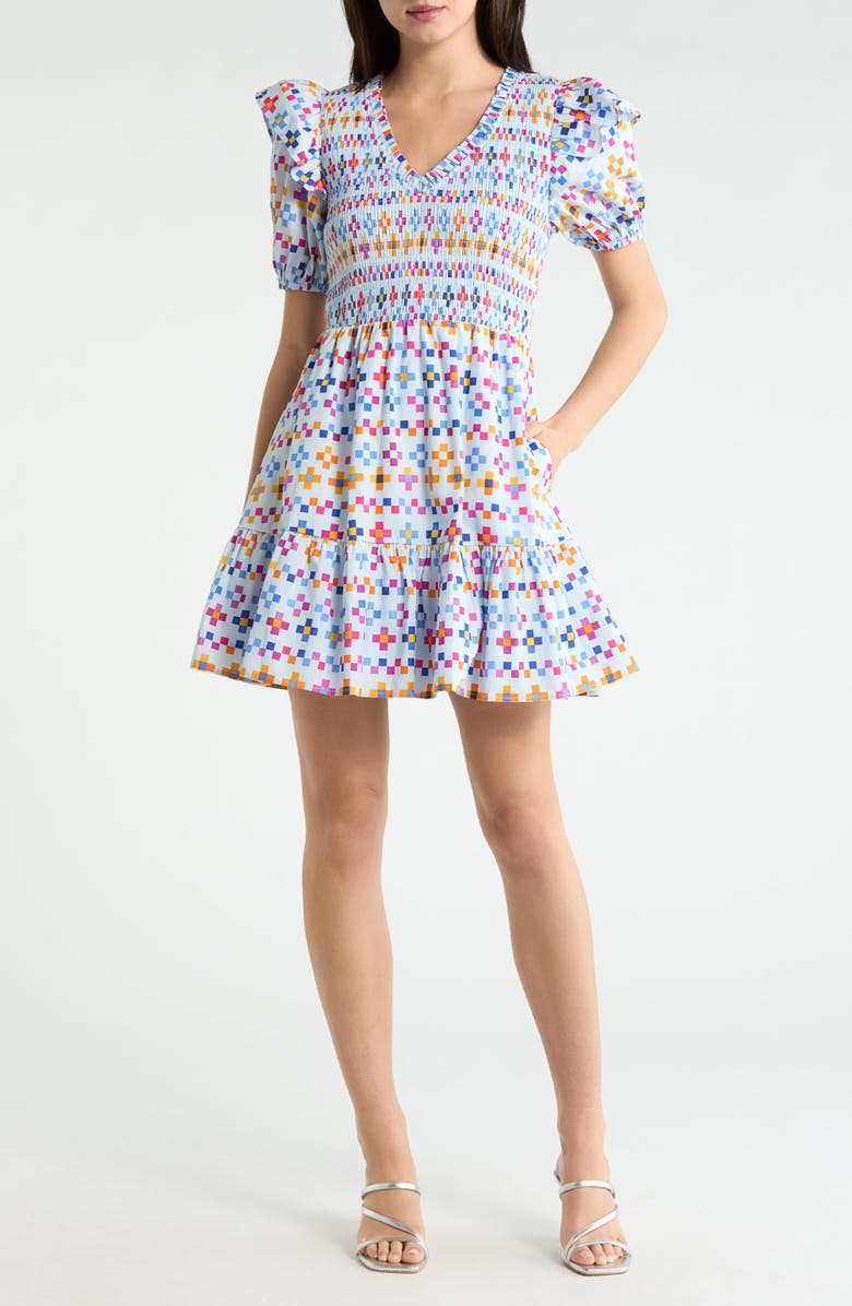SUGARLIPS Kessa Geo Smocked Minidress, Main, color, Light Blue