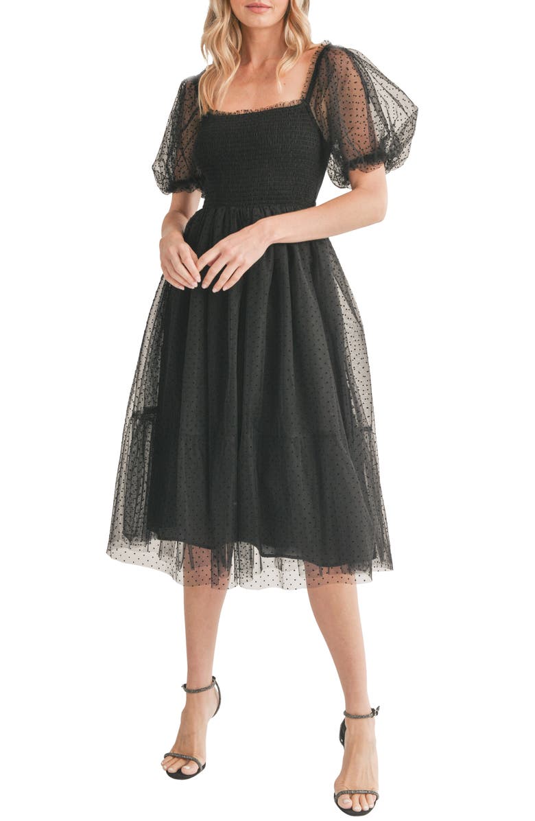 All in Favor Swiss Dot Puff Sleeve Smocked Bodice Midi Dress, Main, color, 