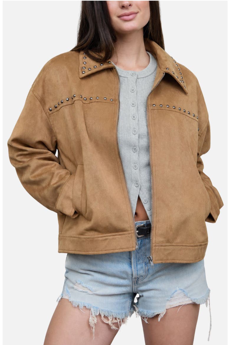Studded Faux Suede Collar Jacket, Alternate, color, CAMEL