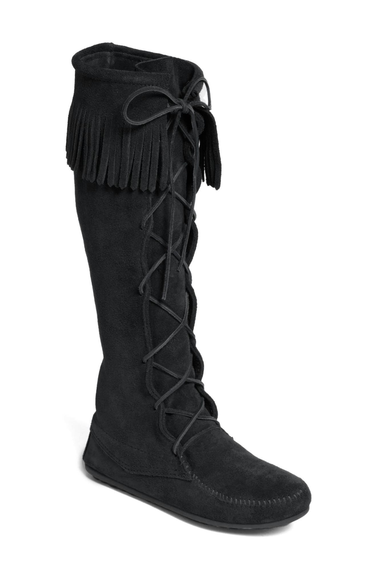 Minnetonka Lace-Up Boot, Main, color, Black Suede