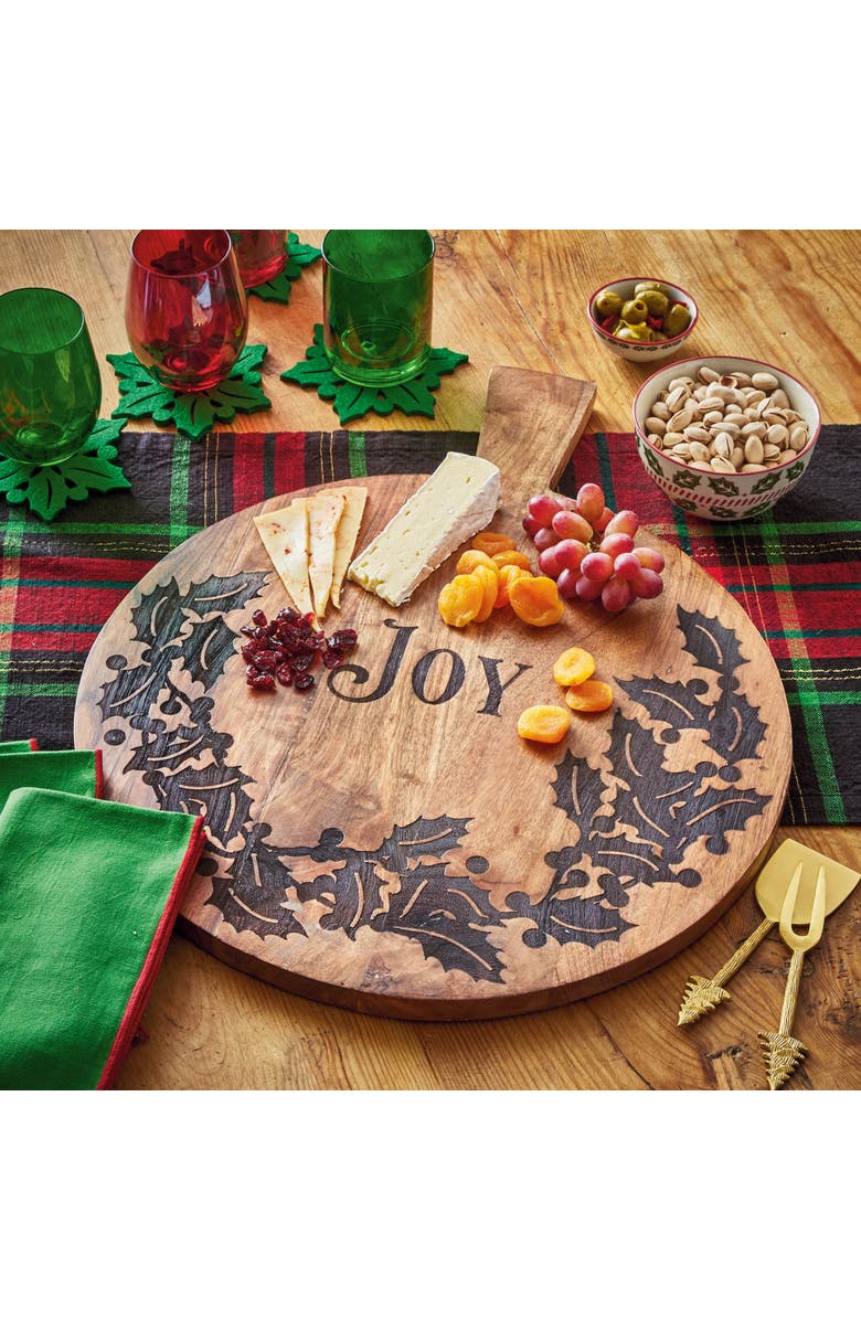 tag Joy Round Wooden Serving Tray Natural Wood for Christmas, Alternate, color, Beige